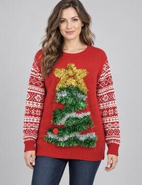 NWT No Boundaries Women’s Plus Tinsel Cute Ugly Christmas Tree Red Sweater /3XG